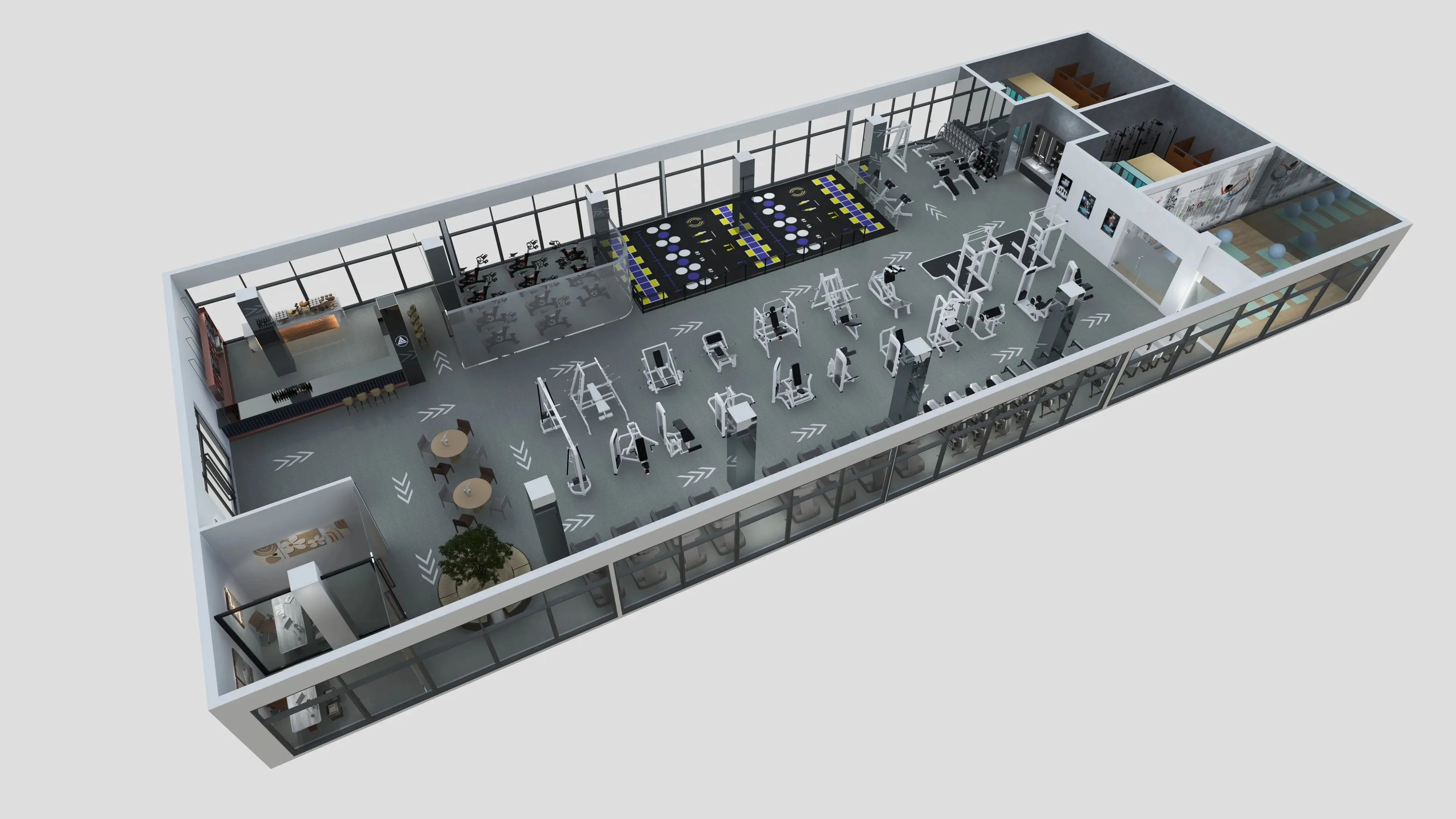 Three-dimensional gym layout planning render