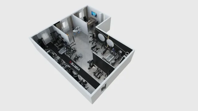 Three-dimensional gym layout planning render